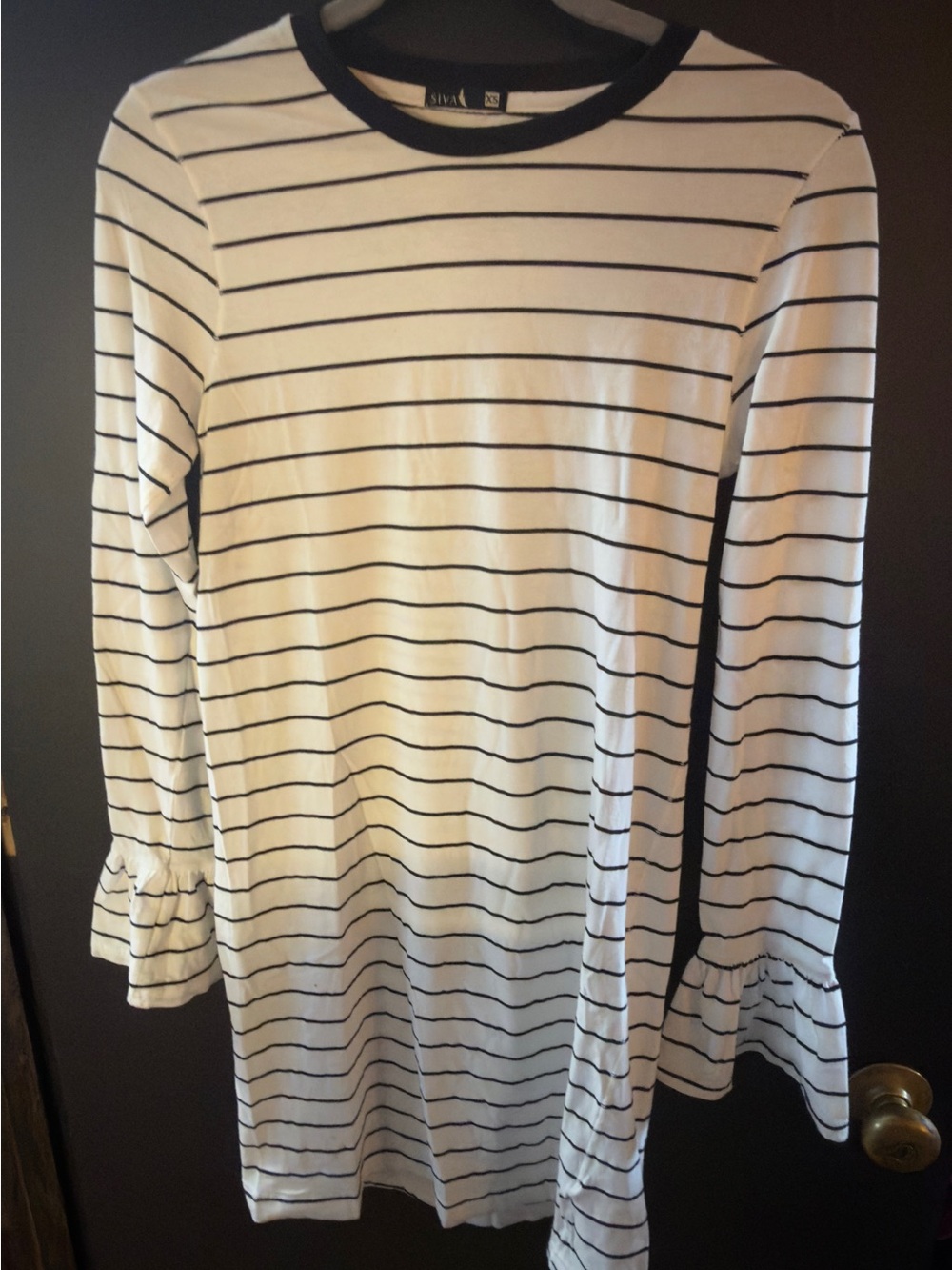 Siva-Black & White Striped Ruffle-Sleeve Dress